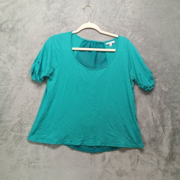 STYLEMINT Top  Size 2 Women Short Sleeve Casual Solid Turquoise Knit Sheer Back - Picture 2 of 13